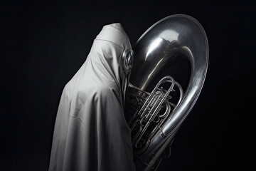 Silhouette of a musician hidding in a white sheet, holding a strange designed musical instrument on neutral background, generative ai illustration