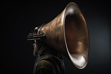 Man wearing a strange designed horn on his head, generative ai illustration on black background