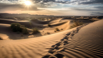 Fototapeta na wymiar vast, arid desert, its seemingly endless expanse of sand dunes evoking a sense of mystery and solitude, generative ai