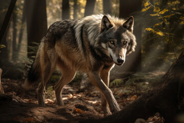 Fototapeta premium Predator in Motion: Wolf Hunting in a Sunlit Forest