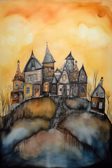 A painting of a house on a hill. AI generative.