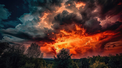 Fototapeta na wymiar striking, dramatic cloud formation at sunset, the vibrant hues painting the sky in a breathtaking display of nature's artistry, generative ai