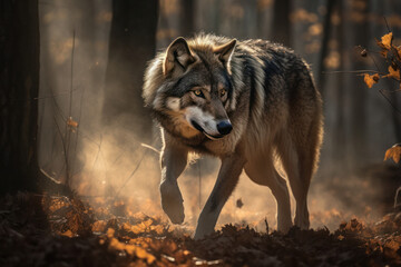 Obraz premium Predator in Motion: Wolf Hunting in a Sunlit Forest