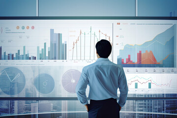Fototapeta premium Data sciencist analyzing complex business financial visualization on computer screen, concept of data mining, big data analysis, statistics, insights, prediction, technology, digital, stock market