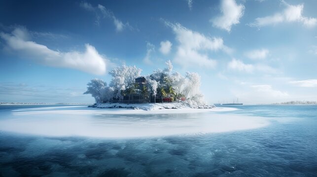 Frozen tropical island in the ocean. Concept of climate change and sea level rising. Generative AI.
