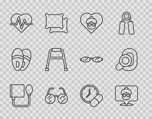 Set line Blood pressure, Nursing home, Grandmother, Eyeglasses, Heart rate, Walker, Medicine pill or tablet and Hearing aid icon. Vector