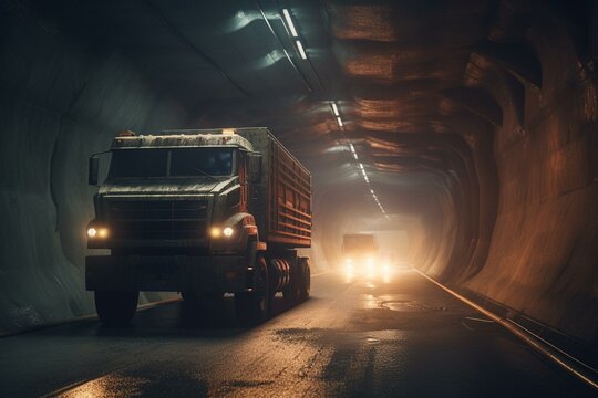 Sci-fi gun truck driving through futuristic tunnel, illustrated digitally. Generative AI