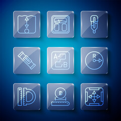 Set line Protractor and ruler, Diameter, Area measurement, Medical thermometer, Route location, Construction bubble level, Depth and Radius icon. Vector