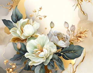 Luxurious background with flowers on marble. A floral background with white flowers and leaves. Generative AI.