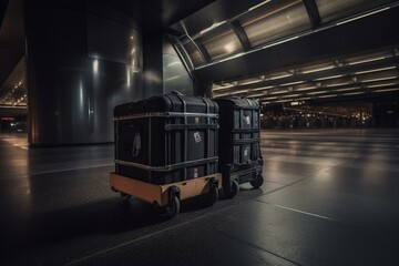 Plakat Airport luggage delivery by big carts. Generative AI