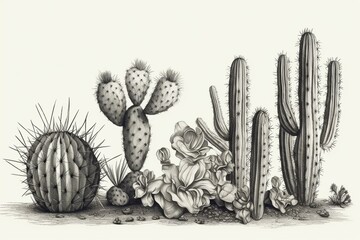 Engraved cartoon cactus illustration on transparent background. Generative AI