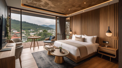 Fototapeta premium Splendid hotel, nestled amidst a picturesque landscape, offering breathtaking views of the surrounding mountains and lush forests. Interior with window view. Generative AI