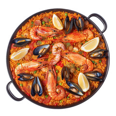 Top view of typical spanish paella with mussels, prawns and pieces of lemon. Traditional spanish food. Generative AI