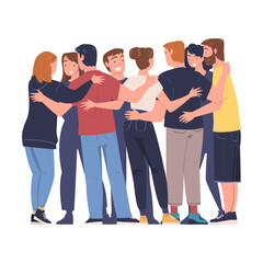 Fototapeta na wymiar Group of people standing together in circle and hugging. Friendship, collaboration, team spirit concept vector illustration