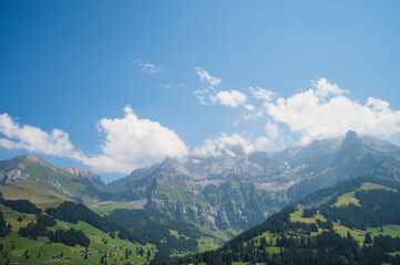 Fototapeta premium Adelboden, Switzerland - July 24, 2022 - Summer view of Adelboden village and city center