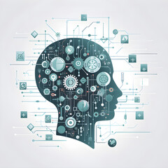 Advanced technology visualization, artificial intelligence neural head networks, generative AI content.