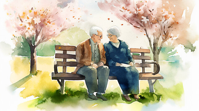 Elderly couple sitting on a bench in the park. watercolor illustration. Generative AI