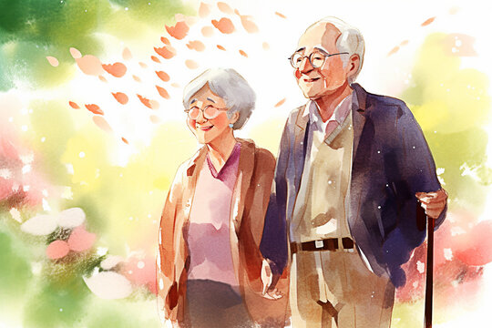 Watercolor illustration of an elderly couple walking in the park with hearts. Generative AI