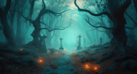Fototapeta na wymiar Pumpkins in the graveyard in the spooky night. Halloween background. Generative AI