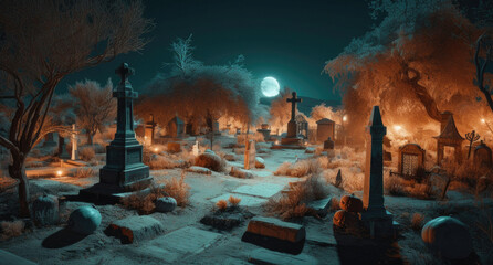 Pumpkins in the graveyard in the spooky night. Halloween background. Generative AI