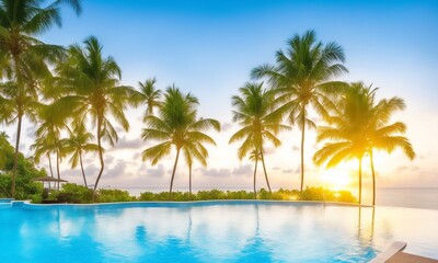 Naklejka na ściany i meble Swimming pool and coconut palm trees near the coast with beautiful landscape at sunset (Generative AI)