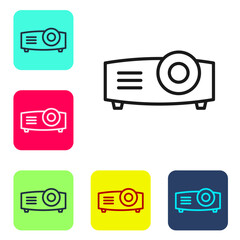 Black line Presentation, movie, film, media projector icon isolated on white background. Set icons in color square buttons. Vector