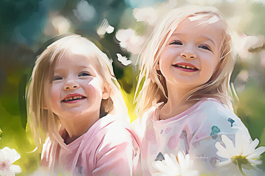 Two little girls on a background of spring flowers. digital painting. Generative AI