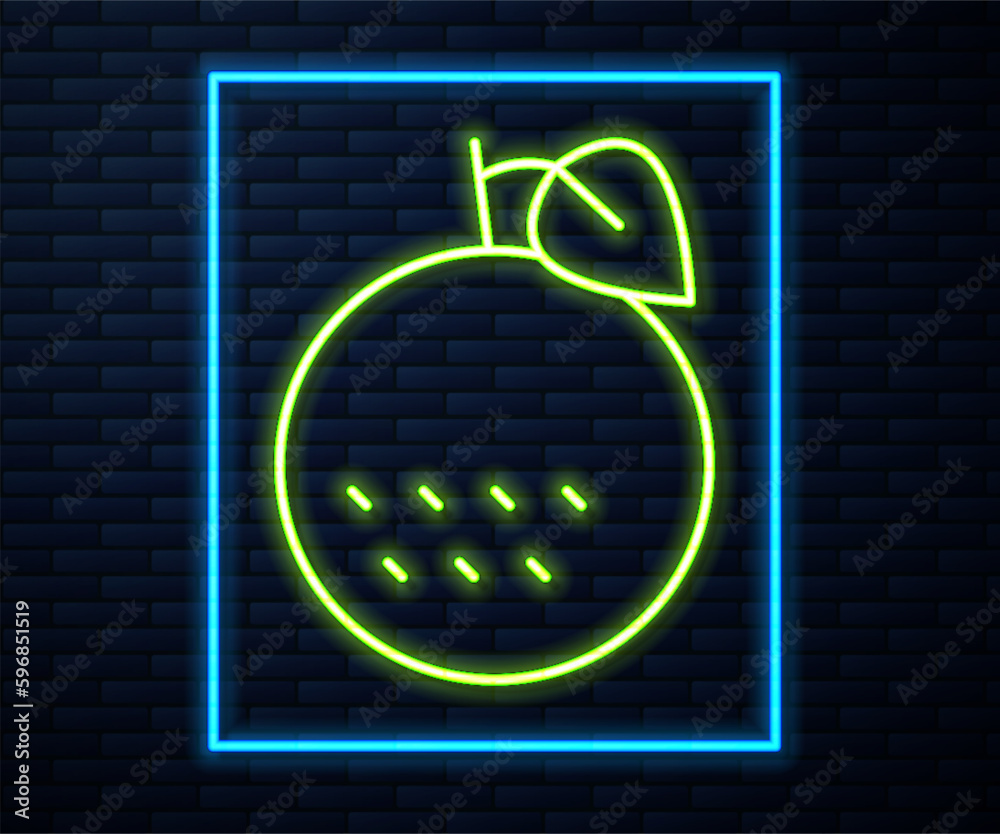 Poster Glowing neon line Orange fruit icon isolated on brick wall background. Vector