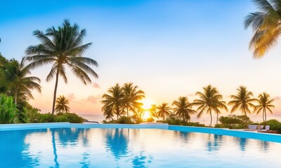 Fototapeta na wymiar Swimming pool and coconut palm trees near the coast with beautiful landscape at sunset, (Generative AI)