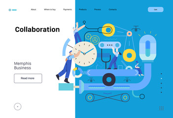 Memphis business illustration. Collaboration -modern flat vector concept illustration of team, people working together on a product mechanism in a factory. Corporate teamwork metaphor.