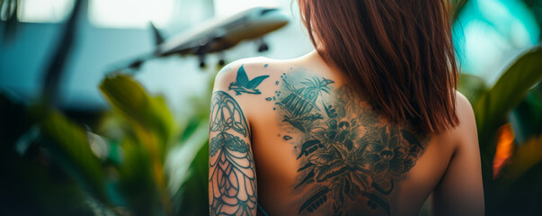 Young topless woman on vacation watches a plane take off on her vacation and travel place. Generative AI