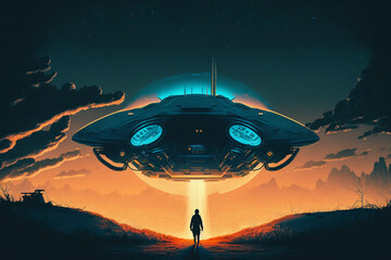 Obraz premium The spaceship is about to abduct humans.