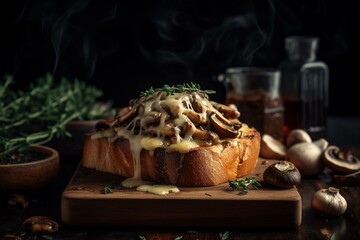 Toasted bread topped with savory mushrooms and melted cheese. Generative AI