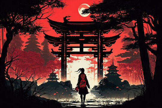 Mystery girl in front Torii gate.