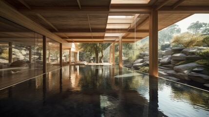 The Ultimate Relaxation Experience: A Wooden Room and Swimming Pool Combination with a Spa-Like Concept using Generative AI