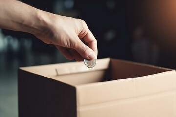 Person's Hand putting Money Coin into a Donate Box. Donation Concept. Generative AI