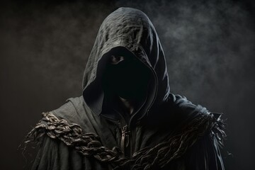 Fototapeta na wymiar A dark, sinister figure in a hooded cloak or mask Generative AI