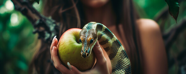 The innocent Eve is designated by the malicious serpent in paradise to bite the forbidden apple. Subtle illustration of the old biblical testament. Generative AI - obrazy, fototapety, plakaty