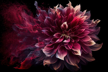 Red and pink dahlia with particles and smoke on dark solid background. Magic flower hard dripping. Generative AI
