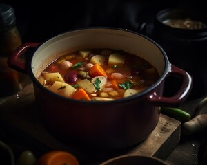 chunky vegetable soup in a rustic pot on a stove