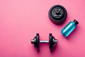 Top view of dumbbells, bottle of water on pink background with copy space