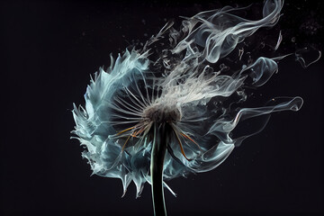 Light dandelion on sunset background and dark background. Flower with particles and hard dripping. Generative AI