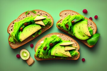 Healthy bread toast with sliced ​​avocado on bright green background - generative ai
