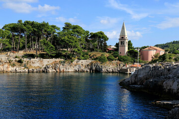 park and church, Veli Losinj ,island Losinj, Croatia