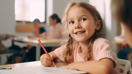 Little girl excitedly learning to draw with colored pencil in art class. Generative AI.