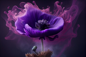 Beautiful Purple Anemone with particles and smoke, hard dripping. Magical flower on solid background. Generative AI