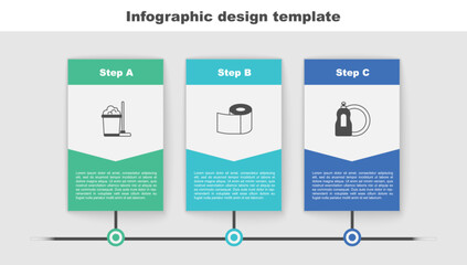 Set Mop and bucket, Toilet paper roll and Dishwashing liquid bottle. Business infographic template. Vector