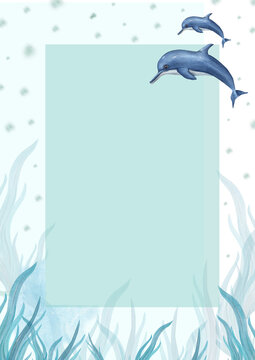 Watercolor marine card isolated on white background. Vertical illustration with swimming dolphins and keeps for greeting and birthday cards, postcard, invitation template