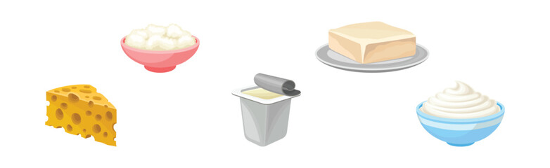 Dairy Products with Cheese, Yoghurt, Quark, Sour Cream and Butter Vector Set