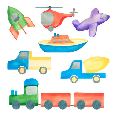 Kids toys. Watercolor illustration of transport: rocket, boat, plane, helicopter, concrete mixer, truck and train. Illustration for children